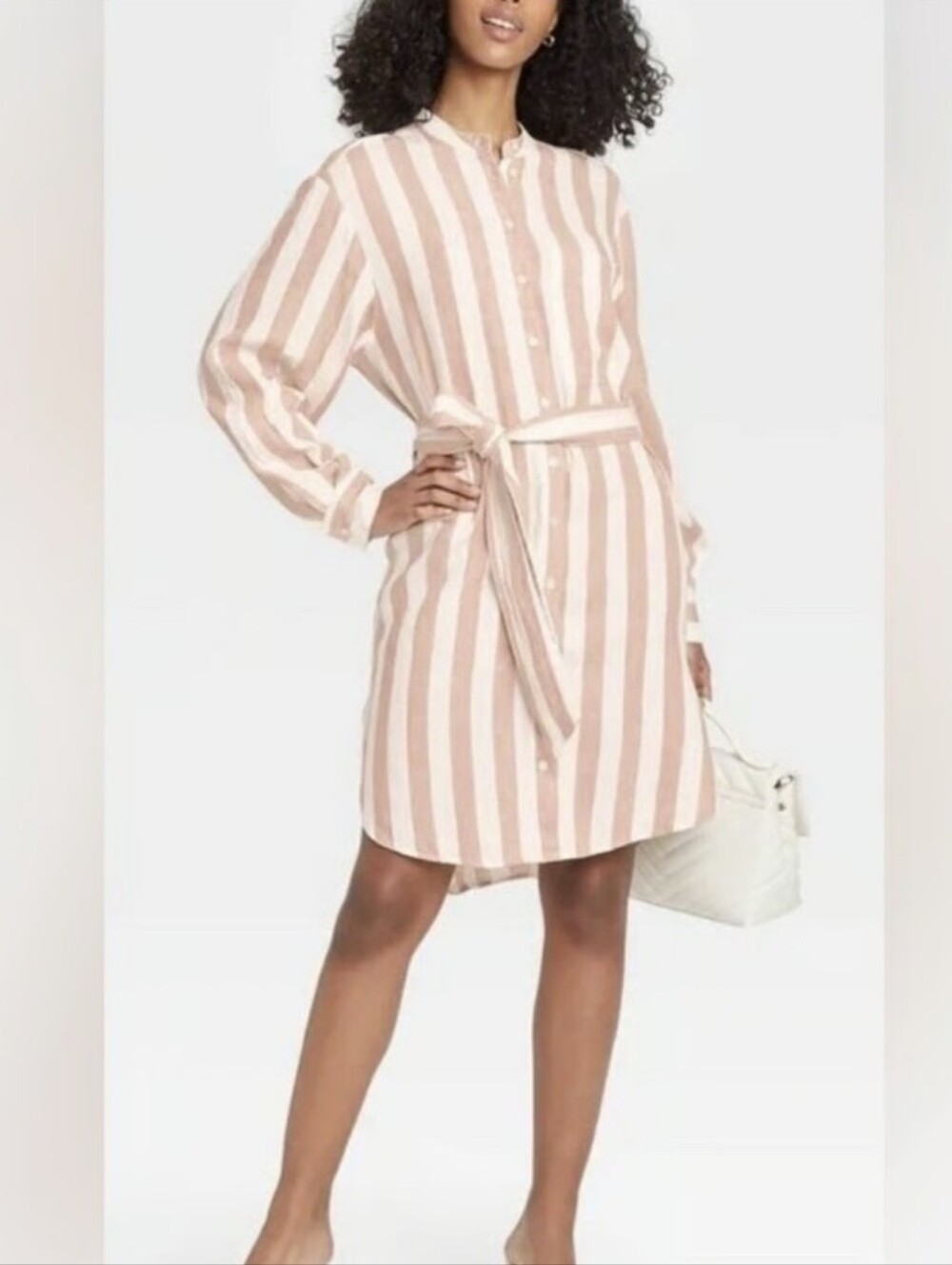 A New Day Linen Blend Tan White Striped Belted Longsleeve Dress Size Medium